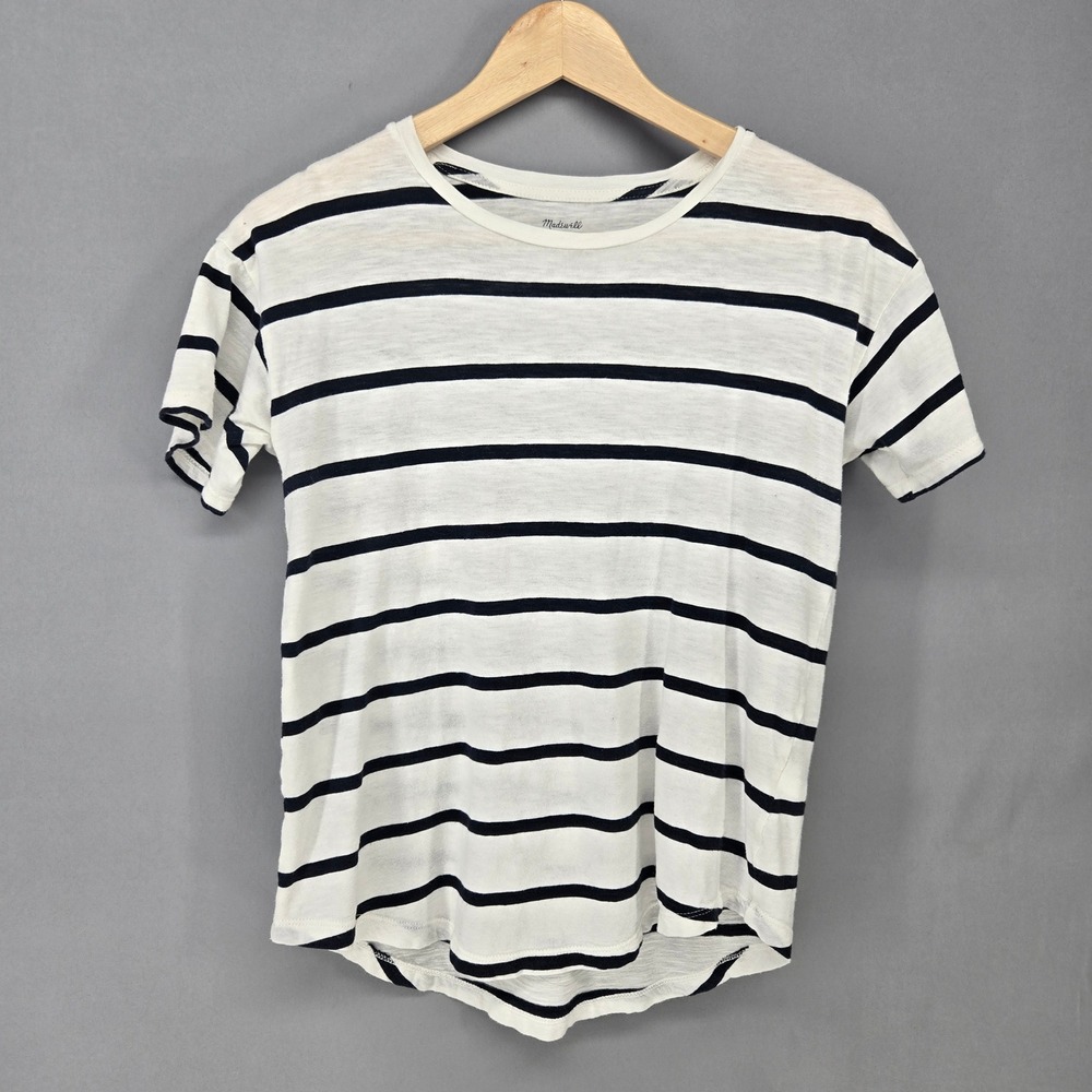 Madewell T-Shirt Womens XS White Navy Blue Striped Short Sleeve Slub Crewneck